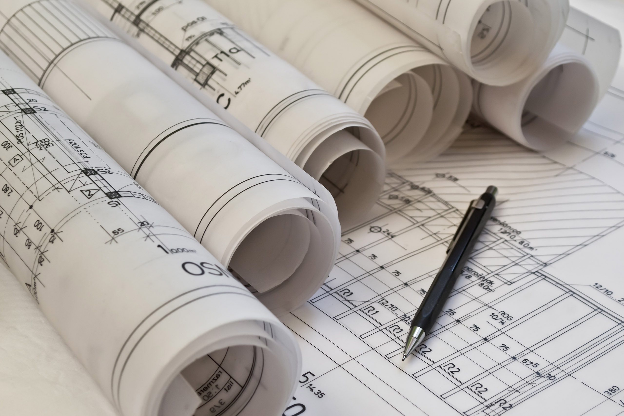 Rolled up technical drawing plans